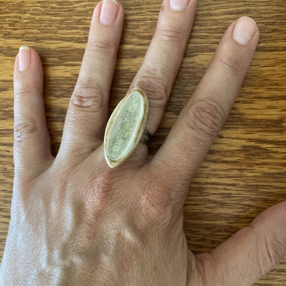 White Tan Oblong Chunky Boho Handmade Artisan Ceramic Glass‎ Ring Adjustable - Picture 2 of 7